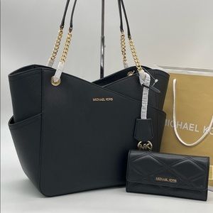 Michael Kors Large X Chain Shoulder Tote Bag
& Trifold Wallet Black